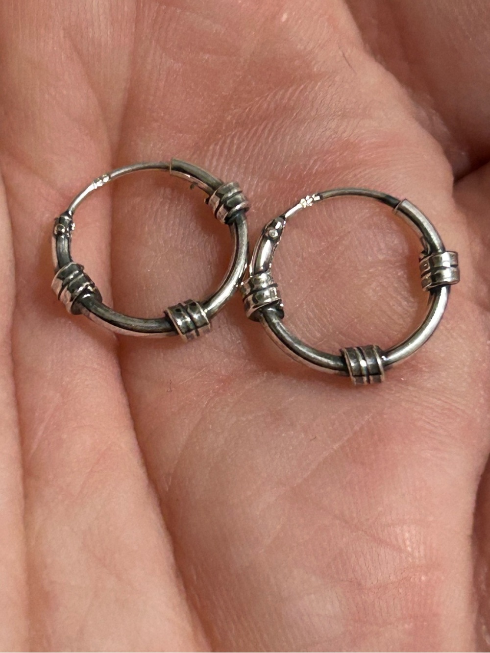 Tiny Sterling Silver Hoop Earrings with Decorative Accents - Silver